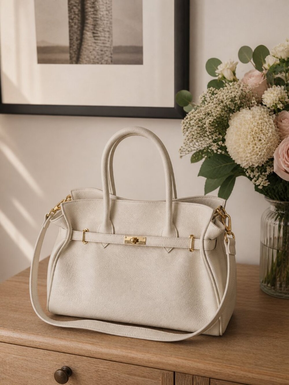 Italian Leather Work Tote Bag, Large Beige Leather Handbag, Office Tote Purse